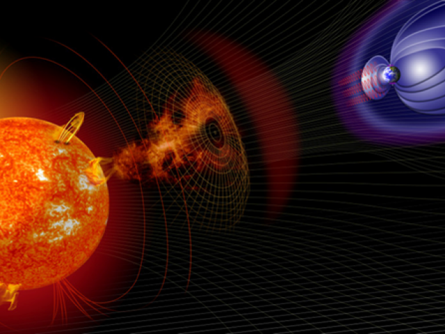 Illustration von Sonnenprotonen, die sich auf die Erde zubewegen, abgeschirmt durch das geomagnetische Feld.
